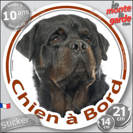Rottweiler, sticker autocollant rond "Chien à Bord" Disque adhésif vitre voiture photo, résiste pluie soleil gel, idée cadeau