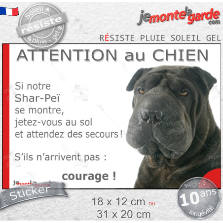 Shar-Peï noir, Sticker humour "Attention au Chien, montre, jetez-vous au sol et attendez secours" drôle photo Sharpei, résiste p