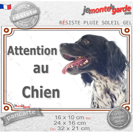 Epagneul Breton noir et blanc Tête, plaque portail "Attention au Chien" photo, résiste pluie soleil gel, idée cadeau