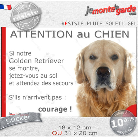 Golden Retriever, Sticker humour "Attention au Chien, montre, jetez-vous au sol et attendez secours" drôle photo, résiste pluie 