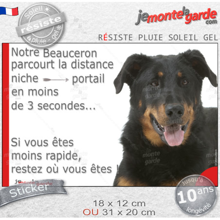 Berger de Beauce noir et feu, Sticker humour "Notre Beauceron parcourt la distance niche-portail en moins de 3 secondes" photo,