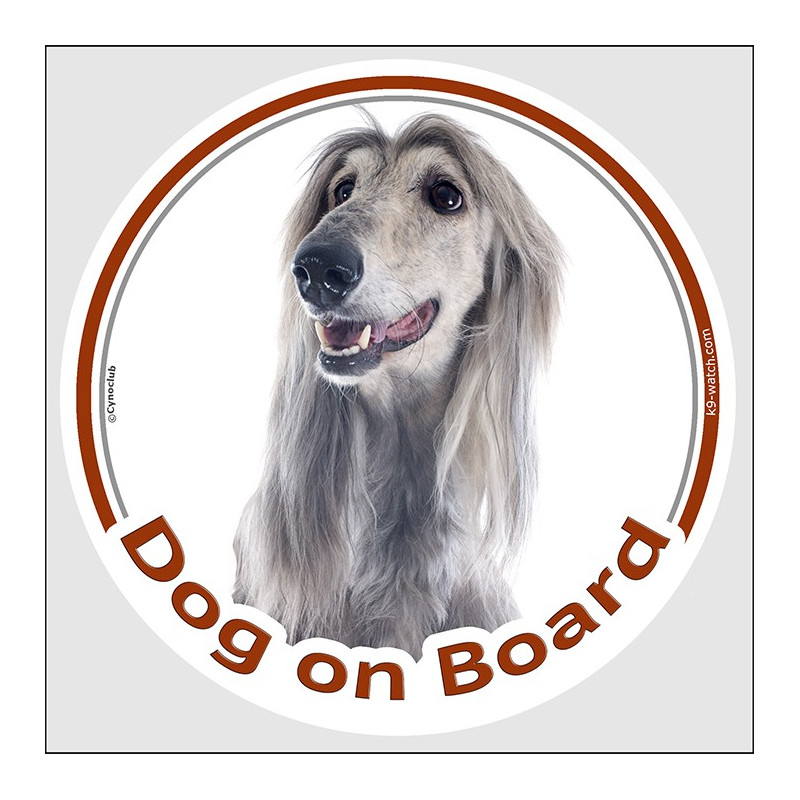 Circle sticker "Dog on board" 15 cm, Silver Grey Afghan Hound Head, Decal adhesive label blue