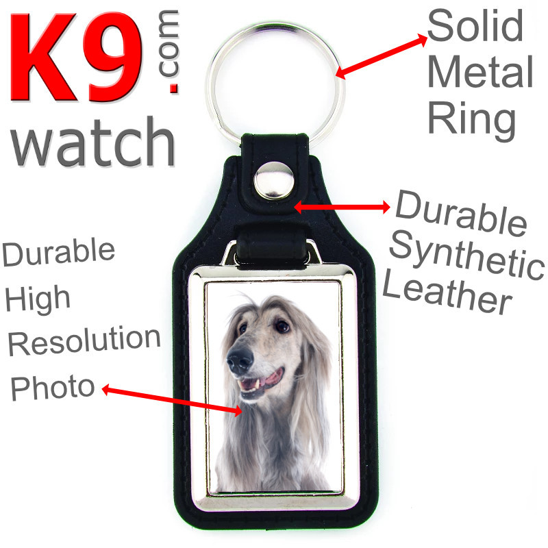 Vegan leather key ring and metal holder, with the photo of your grey blue Afghan Hound, key ring gift idea Vegan leather key ring and metal holder, with the photo of your grey blue Afghan Hound, key ring gift idea