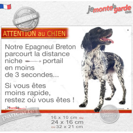 Epagneul Breton noir, plaque humour "parcourt distance Niche-Portail moins 3 secondes, rapide" photo attention au chien, résiste