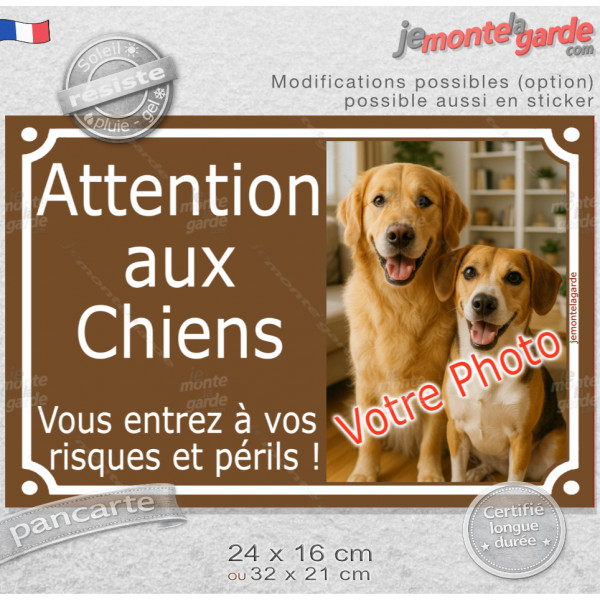 Photo personnalisable, plaque pluriel portail Marron chocolat sur mesure "Attention aux Chiens, risques périls" plaque rue, rési