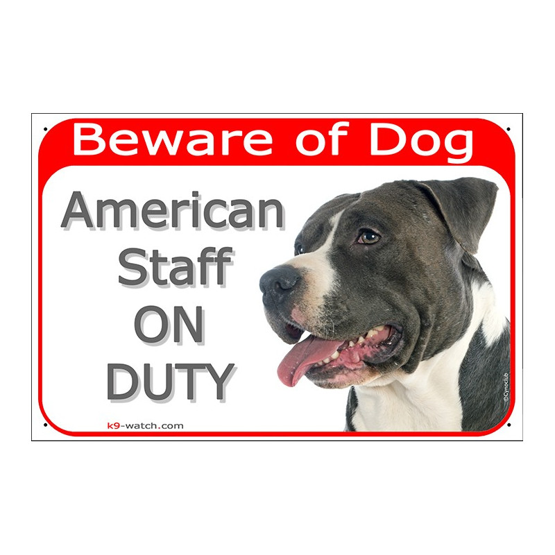 Portal Sign red "Beware of Dog, Black and White Amstaff on duty" Gate plate American Staffordshire Terrier photo