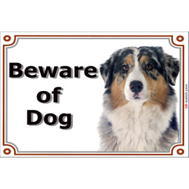 Portal Sign, 2 Sizes Beware of Dog, Blue Merle Australian Shepherd head, Gate placard, door plate panel Aussie
