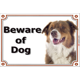 Portal Sign, 2 Sizes Beware of Dog, Red Tricolor Australian Shepherd head, Gate plate Aussie Tricolour
