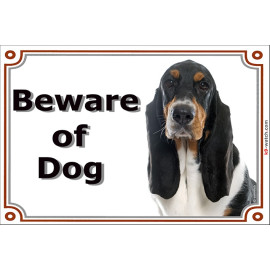Portal Sign, 2 Sizes Beware of Dog, Tricolor Basset Hound head, Gate plate Hund