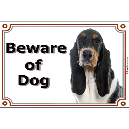 Portal Sign, 2 Sizes Beware of Dog, Tricolor Basset Hound head, Gate plate Hund