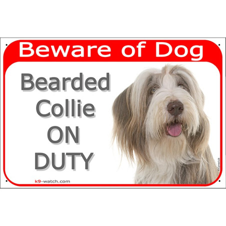 Portal Sign red 24 cm Beware of Dog, Brown Bearded Collie on duty, Gate plate Fawn Colly