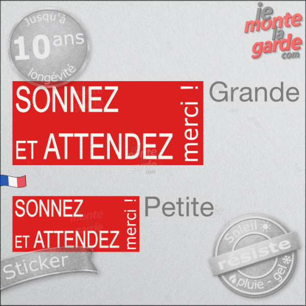"Sonnez et Attendez, merci !" Sticker rouge pancarte autocollant boite aux lettres, porte entrée sonnette