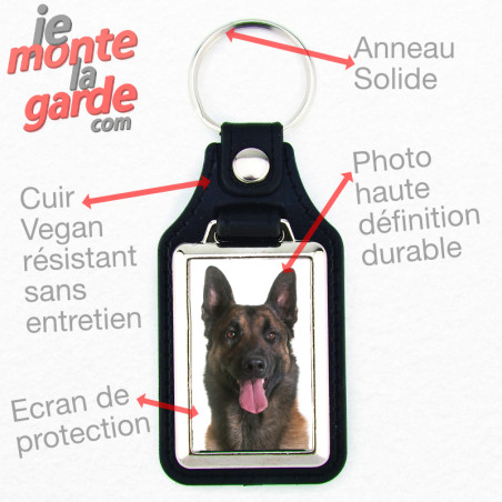 Porte-clés en cuir vegan noir et platine en métal, avec la photo de votre Berger Belge Malinois, idée cadeau parfait, regroupe v