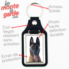 Porte-clés en cuir vegan noir et platine en métal, avec la photo de votre Berger Belge Malinois, idée cadeau parfait, regroupe v