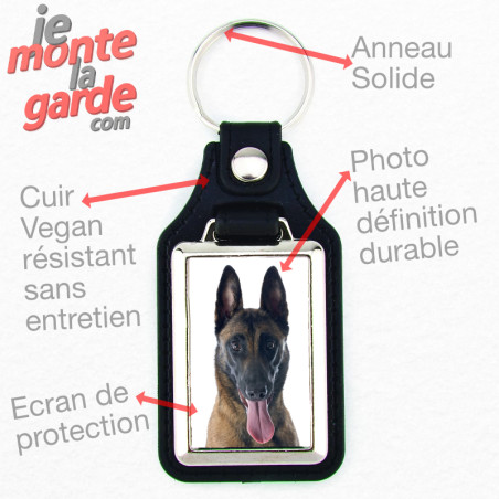 Porte-clés en cuir vegan noir et platine en métal, avec la photo de votre Berger Belge Malinois, idée cadeau parfait, regroupe v