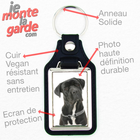 Porte-clés en cuir vegan noir et platine en métal, avec la photo de votre Cane Corso Italiano noir, idée cadeau parfait, regroup