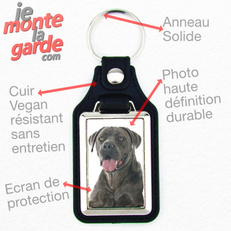 Porte-clés en cuir vegan noir et platine en métal, avec la photo de votre Cane Corso Italiano gris bleu, idée cadeau parfait, re