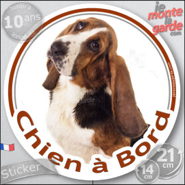 Basset Hund Tête, sticker autocollant rond "Chien à Bord" Disque photo adhésif vitre voiture hound photo race, résiste pluie sol