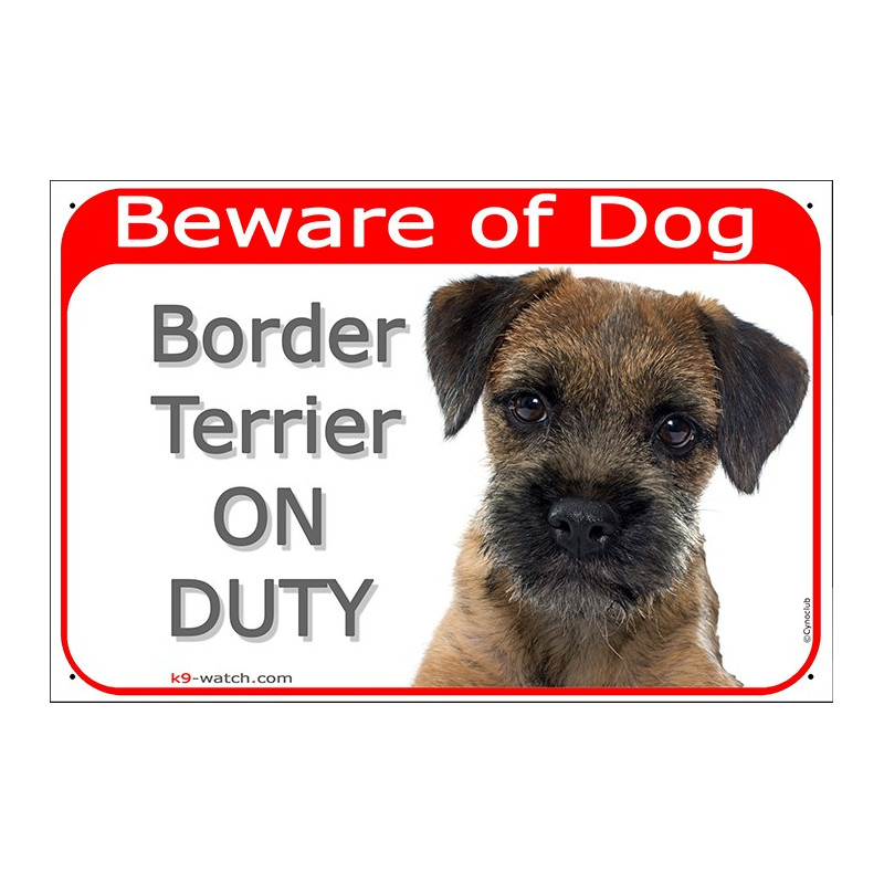 Red Portal Sign "Beware of Dog, Border Terrier on duty" gate plate, door placard panel photo notice Red Portal Sign "Beware of Dog, Border Terrier on duty" gate plate, door placard panel photo notice