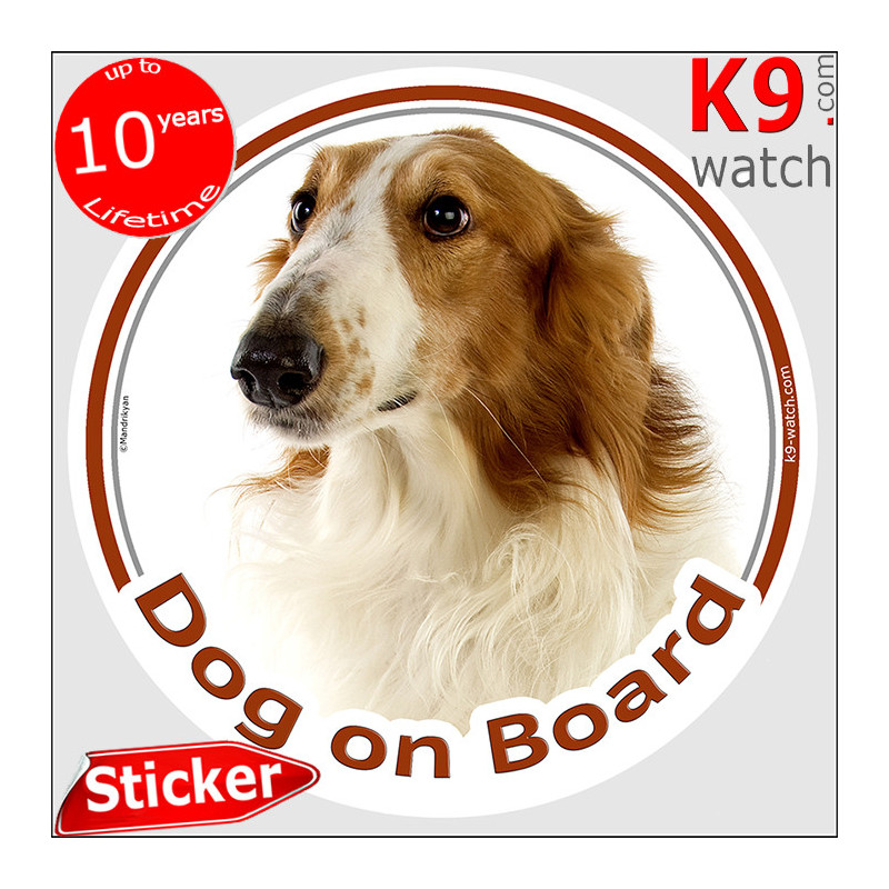 white and red solid Borzoi, grey and white Russian Hunting Sighthound, car circle sticker "Dog on board" Photo notice, label white and red solid Borzoi, grey and white Russian Hunting Sighthound, car circle sticker "Dog on board" Photo notice, label