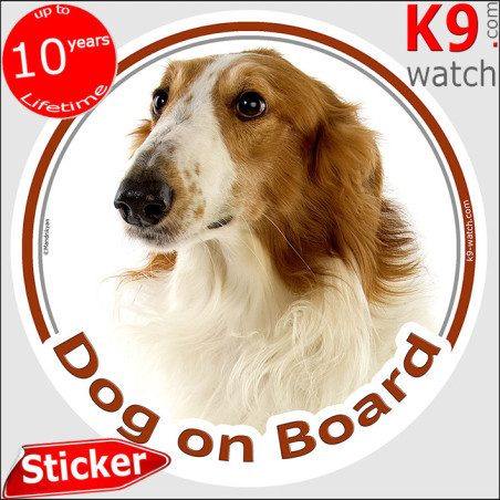 white and red solid Borzoi, grey and white Russian Hunting Sighthound, car circle sticker "Dog on board" Photo notice, label