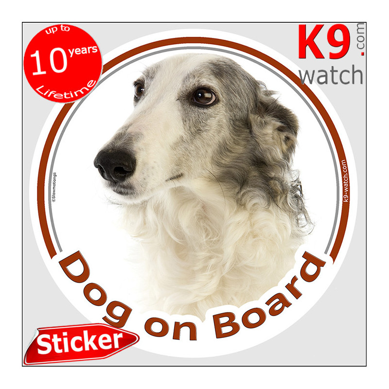 white and blue Borzoi, grey and white Russian Hunting Sighthound, car circle sticker "Dog on board" Photo notice, label decal white and blue Borzoi, grey and white Russian Hunting Sighthound, car circle sticker "Dog on board" Photo notice, label decal