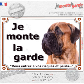 Bullmastiff fauve Tête, Panneau portail "Je Monte la Garde, vous entrez à vos risques et périls" photo, résistent pluie soleil g