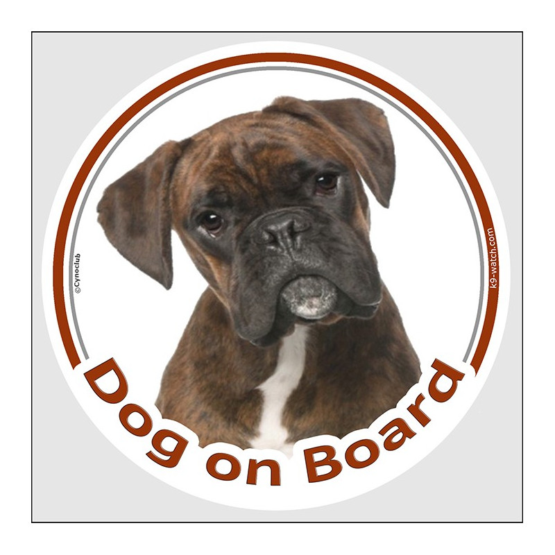 Brindle German Boxer, car circle sticker "Dog on board" decal adhesive car label photo notice