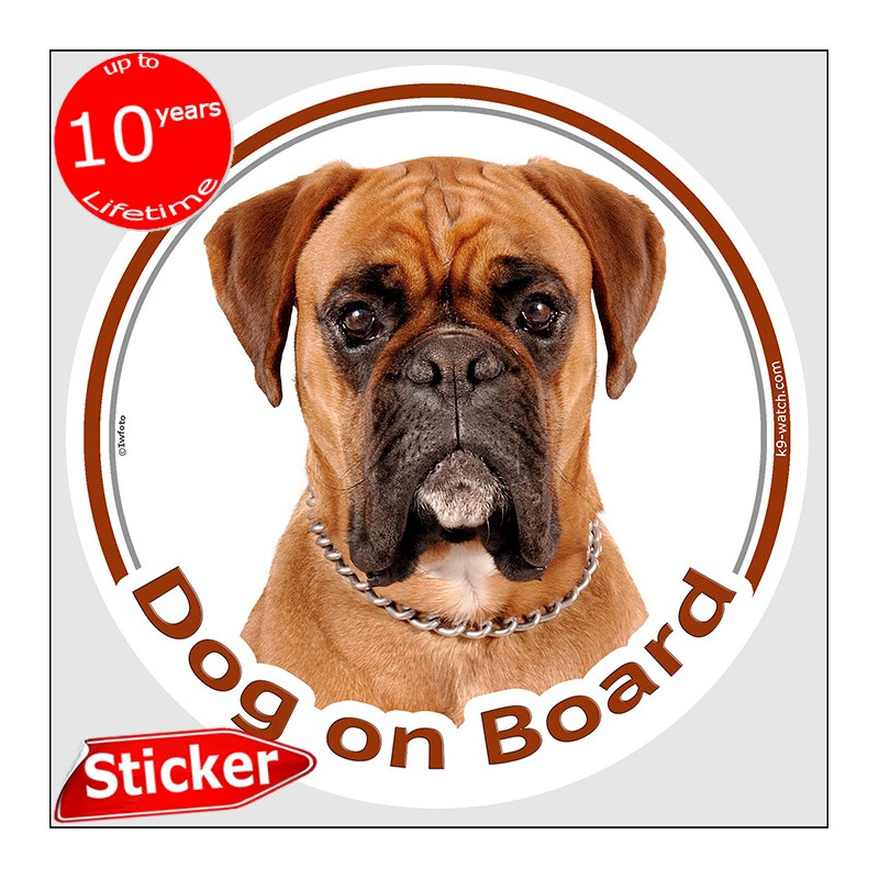 Circle sticker "Dog on board" 15 cm, Fawn German Boxer Head, decal adhesive car label brown orange deutscher photo notice
