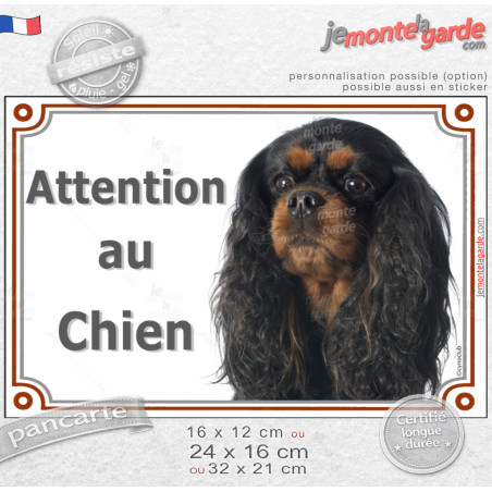 Cavalier King Charles noir et feu, plaque portail "Attention au Chien" photo, résiste pluie soleil gel, idée cadeau