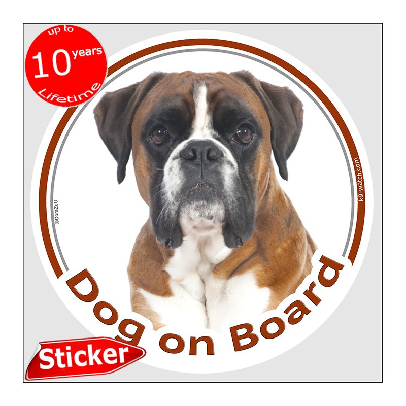 Fawn German Boxer, car circle sticker "Dog on board" decal label adhesive photo notice