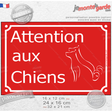 Plaque Portail rouge "Attention auX ChienS" au pluriel, résiste pluie soleil gel, idée cadeau, 3 Tailles D