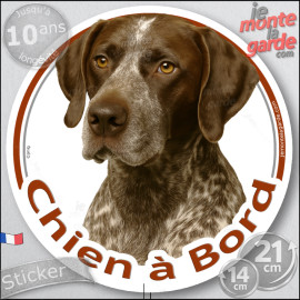 Braque Allemand marron foie, sticker autocollant rond "Chien à Bord" Disque photo adhésif vitre voiture, chien auto, résiste plu