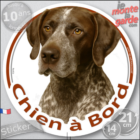 Braque Allemand marron foie, sticker autocollant rond "Chien à Bord" Disque photo adhésif vitre voiture, chien auto, résiste plu