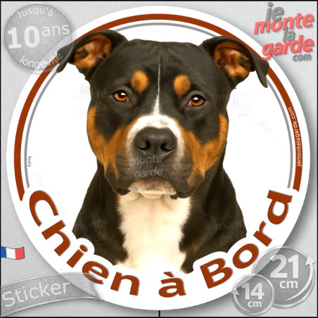Amstaff tricolore, disque photo autocollant "Chien à Bord" Sticker adhésif rond vitre voiture American Staff Terrier, résiste pl