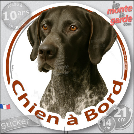 Braque Allemand noir, sticker autocollant rond "Chien à Bord" disque adhésif vitre voiture, chien auto photo, résiste pluie sole