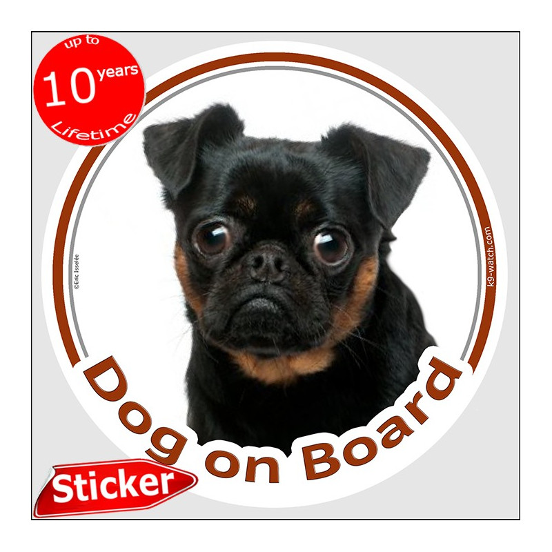 Petit Brabançon Griffon black and Tan, circle car sticker "Dog on board" 15 cm, photo notice decal label Petit Brabançon Griffon black and Tan, circle car sticker "Dog on board" 15 cm, photo notice decal label