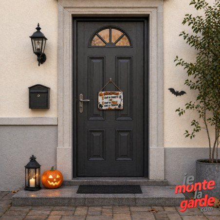 Plaque humour "Spécial Halloween, 1 coup de sonnette = 1 coup de pelle dans la tronche" résiste dehors, idée cadeau, 3 Tailles D