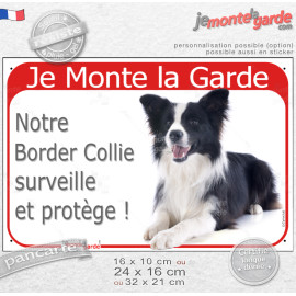 Border Collie noir et blanc à poils longs couché, plaque portail rouge "Je Monte la Garde, surveille et protège" photo, résiste