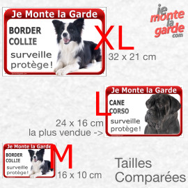 Border Collie noir et blanc, plaque portail rouge "Je Monte la Garde, surveille et protège" résiste dehors, 3 Tailles D