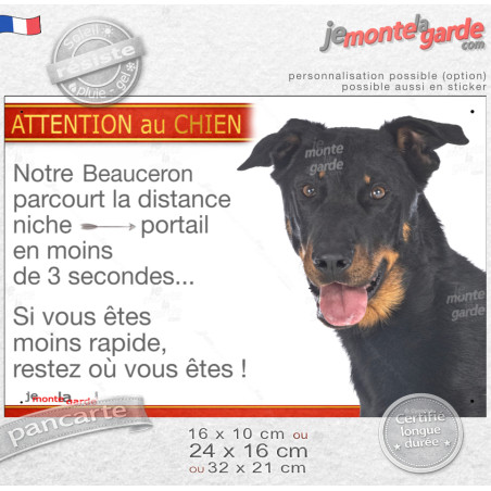 Beauceron noir et feu, Plaque Portail humour extérieur "parcourt distance niche-portail 3 secondes" photo berger Beauce, résiste