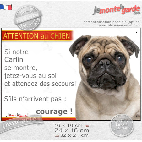 Carlin fauve sable, plaque portail humour "Attention au Chien, Jetez Vous au Sol, attendez secours courage" photo, résiste pluie