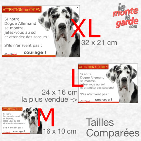 Dogue Allemand Arlequin, plaque portail humour "Attention au Chien, Jetez Vous au Sol et attendez des secours" 3 Tailles D