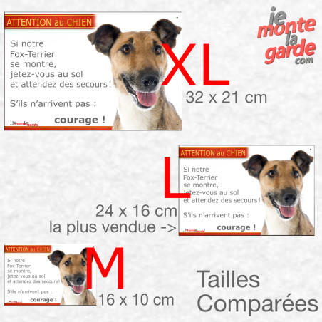 Fox-Terrier blanc et fauve poils lisses, plaque portail humour photo "Attention au Chien, Jetez Vous au Sol" 3 Tailles D