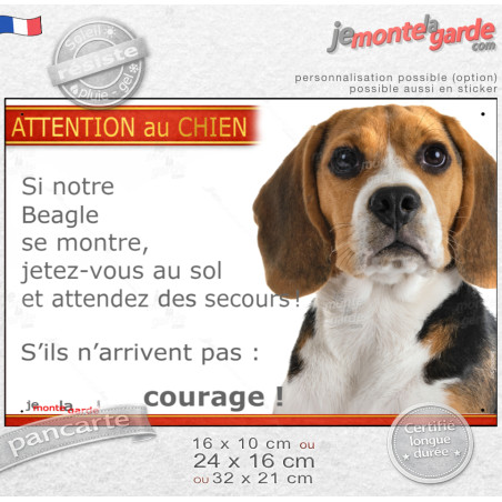 Beagle tricolore, plaque portail humour "Attention au Chien, Jetez Vous au Sol, attendez secours" résiste dehors, 3 Tailles D