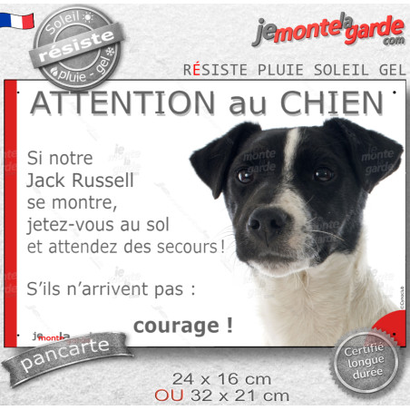 Jack Russell Terrier blanc taches noires, plaque portail humour "Attention au Chien, Jetez Vous au Sol, attendez secours", photo
