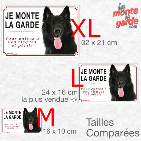 Berger Belge Groenendael, plaque portail "Je Monte la Garde, vous entrez à vos Risques et Périls" résiste dehors, 3 tailles D
