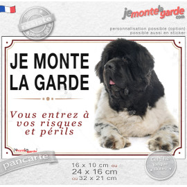 Terre Neuve noir et blanc, plaque portail "Je Monte la Garde vous entrez à vos risques et périls" photo Attention au Chien, rési