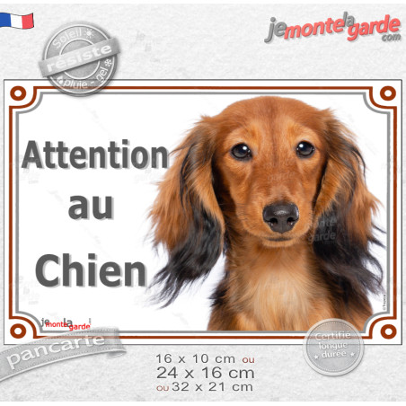 Teckel à Poils Longs Fauve, plaque portail horizontal "Attention au chien" photo, résiste pluie soleil gel, idée cadeau
