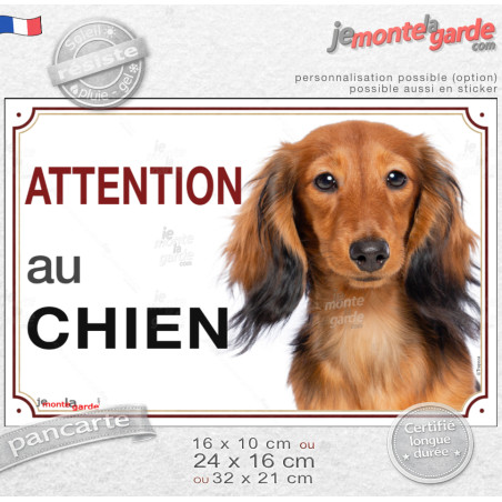 Teckel à Poils Longs Fauve, plaque portail horizontal "Attention au chien" photo, résiste pluie soleil gel, idée cadeau